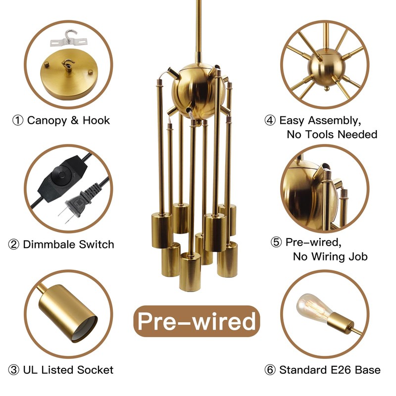 HOXIYA DIMMABLE 26.3" Modern Plug in Sputnik Chandelier with Cord,