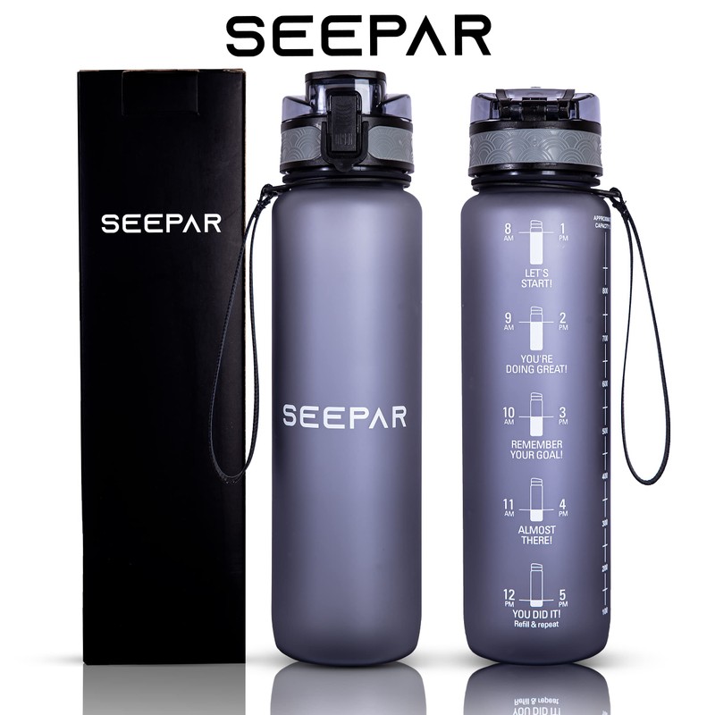 SEEPAR Water Bottle 1L with Time and Hydration Markers, Leak-Proof