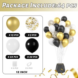 Black Gold Balloons - 12 Inch Metallic Gold Black White Confetti Balloons Sets or Black Latex Balloons Kit for Birthday Wedding Graduation New Years Anniversary Party Decorations