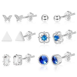 6 Pairs White Gold Plated Small Stud Earrings Set Cubic Zirconia Ball Triangle Hypoallergenic Tiny Cartilage Piercing Studs Earring for Women Girls