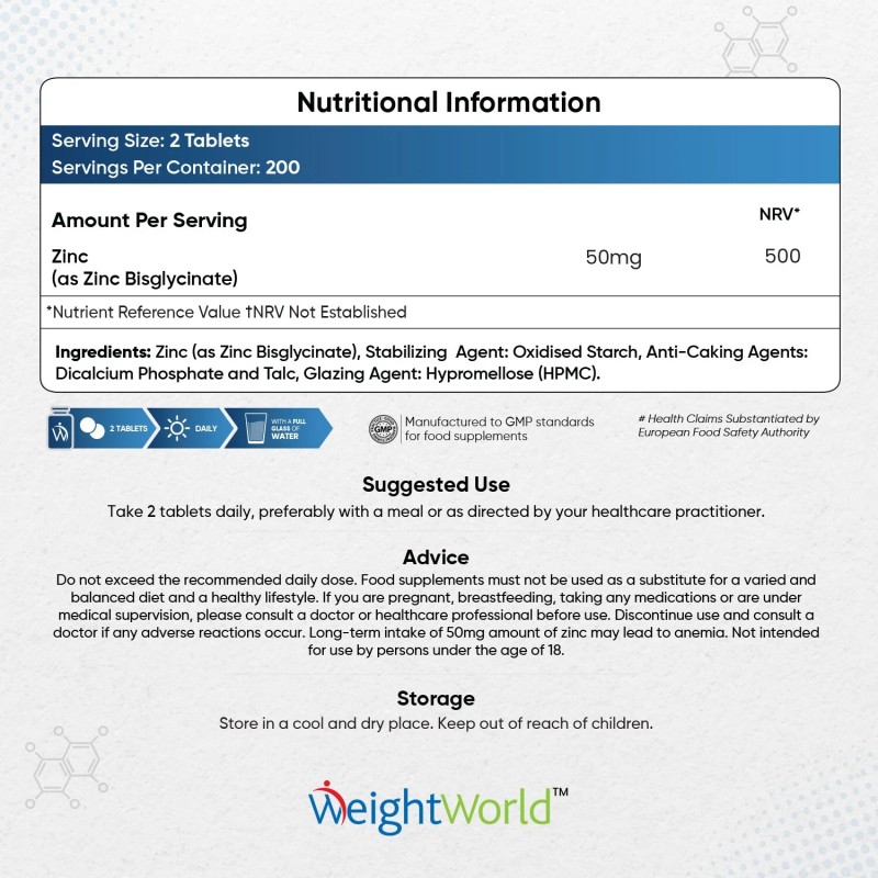 WeightWorld Zinc Bisglycinate - 400 50mg tablets - Hair skin