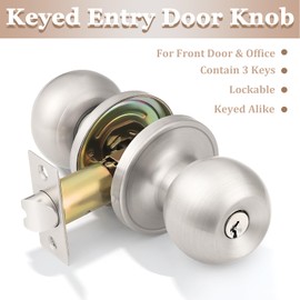ProbricoԺà3 Pack Entry Door Knob Keyed Alike,Satin Nickel Finish Door Lock Handle,Entry Door Lock/Ball Door knobs with Lock and Same Key,Entrance Knob[Lock with 3 Combo Keys] for Office or Front Door