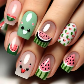 Summer Press on Nails Short Square Green Fake Nails with Fruit Designs | Gel Cute Summer Nails Cartoon False Nails Press ons Short Glue on Nails Full Cover Stick on Nails for Women 24Pcs
