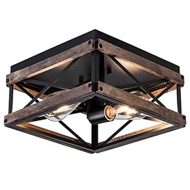 Mayful Flush Mount Light Fixture, 2-Light Rustic Ceiling Light Combine with Metal and Wood Frame, Farmhouse Flush Mount Ceiling Light for Kitchen Hallway Entryway Bedroom Porch Living Room