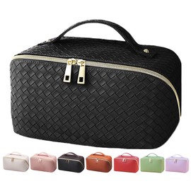 VERNASSA Large Capacity Travel Cosmetic Bag, Toiletry Bag, Women Portable Makeup Bag Opens Flat for Easy Access, PU Leather Waterproof Travel Cosmetic Bag with Handle and Divider