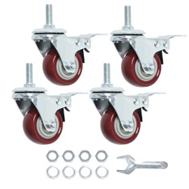Finnhomy Swivel Caster Wheels 2 Inch Heavy Duty Threaded Stem Casters 3/8"-16x1 with Brake Set of 4 Premium Polyurethane Wheels PU Load Bearing 800 Lbs Anti-wear Smooth Casters, Red