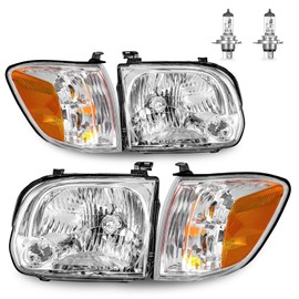 ROADEAL Headlights W/Bulbs for 2005 2006 Tundra Double Cab SR5/Limited(NOT FOR REGULAR/EXTENDED CABS) Headlamp Replacement Driver & Passenger Side