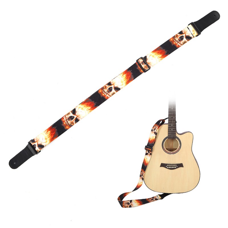 Leather Shoulder Strap Guitar Parts Flame‑Skull‑Pattern Print‑Type Adjustable Length