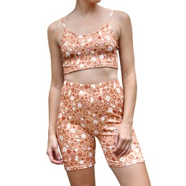 Daisy Del Sol Women's Crop Cami High Waisted Long Biker Shorts Yoga Athleisure Loungewear Co Ord Two Piece Matching Set (Gold Floral Long, Small)