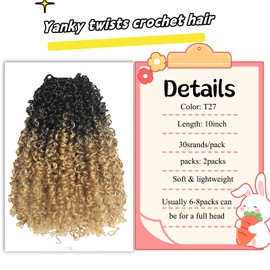 Yanky Twist Crochet Hair 10inch Ombre Pre-Twisted Bohemian Twist Curly Braiding Hair Extensions 2Packs Pre-looped Mini Passion Braids Spring Crochet Braiding Hair Extensions