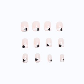 Press on Nails Short Square Nude Black White Heart French Tip Fake Nails Short with Designs Full Cover False Nails French Tip Glue on Nails Cute Acrylic Thick Stick on Nails for Women Nails Art 24Pcs F-584