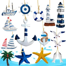 Dtoterul Pack of 15 Maritime Pendants Nautical Decoration, Maritime Decorative Pendant Set, Wooden Anchor Decoration Steering Wheel, Starfish Boat Anchor, Lighthouse Fish Coconut Palm Tree, for Mini