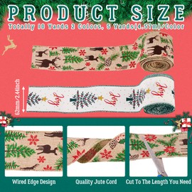 Handship 10 Yards Christmas Ribbon 2.4 Inches Wide Jute Ribbons Deer Christmas Tree Wired Edge Burlap Ribbon Roll for Xmas Gift Wrapping Big Bow Making Wreaths DIY Crafts Home Decorations