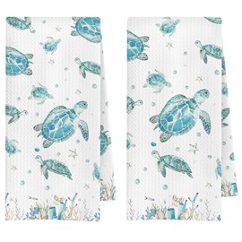 ChenCraty Coastal Beach Sea Turtle Kitchen Towels, Turtle Lover Gifts Dish Tea Towel for Kitchen Decor, Nautical Coastal Beachy Hand Towels for Bathroom, 16x24 Inches Set of 2