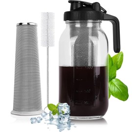 Cold Brew Coffee Maker - 64 Oz Heavy-Duty Glass Mason Jar Pitcher with Stainless Steel Filter, Leak-Proof Lid, Ergonomic Handle & Precision Pour Spout – Ideal for Iced Coffee, Tea, Cold Brew (Black)