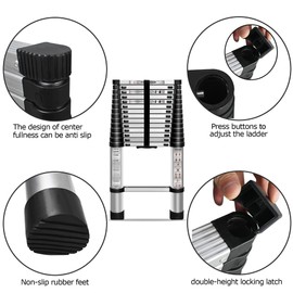 Folding Aluminum Telescoping Extension Ladder - One Button Retraction Extension Ladders for Home Roof, Indoor Outdoor Compact Telescopic Ladder Lightweight Aluminum Ladder