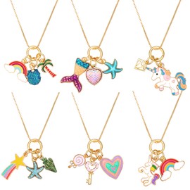 Hicarer 6 Pieces Unicorn Necklaces Mermaid Necklace Cute Rainbow Necklaces Love Heart Necklaces Crown Necklaces for Princess Party Favors (Classic Style)