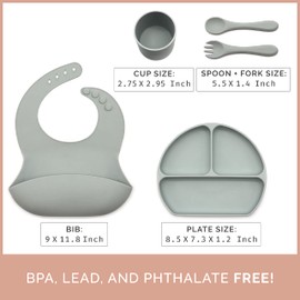 Baby Silicone Feeding Set - (5 Pack) Baby Bib, Suction Divided Plate, Self Feeding Spoon & Fork - Food Grade Soft Silicone, Toddler Weaning Utensils Plates, Infant Feeding Utensils Set for 6+ Months