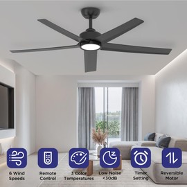 ocioc Ceiling Fans with Lights, 52 inch Black Ceiling Fan with Light and Remote Control, 3CCT, Quiet DC Motor, 5 Blades Modern Ceiling Fan for Living Room Farmhouse Bedroom