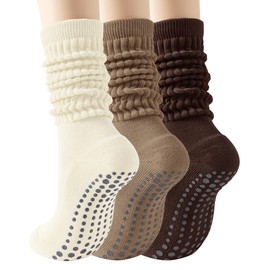 3 Pair Slouchy Pilates Grip Socks for Women (CA/US, Alpha, One Size, Regular, Regular, Cream + Khaki + Coffee)