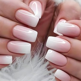 RUOKEXIN Square Press on Nails Medium Fake Nails Pink White Ombre False Nails Sparkly Artificial Nails Acrylic Glue on Nails Press ons Cute Stick on Nails for Women 24Pcs