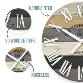 Oldtown Clocks 30" Wooden Multi-Color Maritime Coastal Beach Large Roman Wall Clock (Grey, 30 inch)