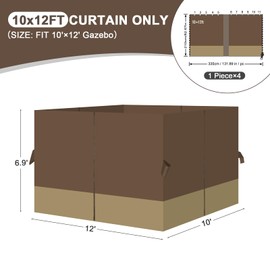 Aoodor 10x12 ft Outdoor Gazebo Curtains, 4 Panels Waterproof Privacy Sidewall Replacement with Zipper for Patio Pergola and Canopy, Brown and Khaki