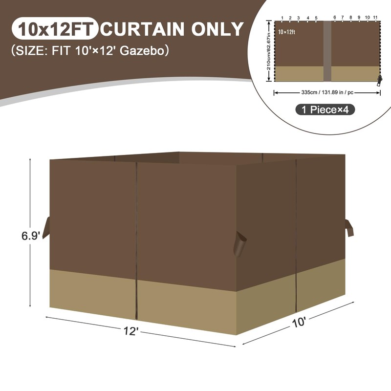 Aoodor 10x12 ft Outdoor Gazebo Curtains, 4 Panels Waterproof Privacy