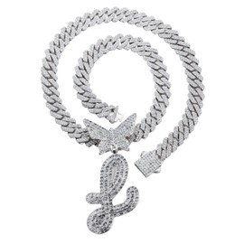 HALUKAKAH Platinum White Gold Plated Pendant Necklace for Kids - Over 1000 Diamonds - Cuban Link Chain - Clustered Diamonds 3D Butterfly Initial L Letter Pendant - Giftidea for Loved Ones