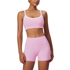 OMEWEE Yoga sets for women 2 piece Fashion contrasting lines Sports Bra and Tummy Control Butt-lifting Shorts Light pink L