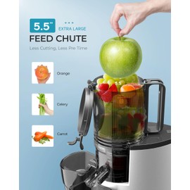 Cold Press Juicer, EUHOMY 5.5" Extra Large Feed Chute Slow Masticating Juicer, 250W Juicer Machines, 99.6% High Juice Yield, Easy to clean, Reverse Function, for Whole Vegetables & Fruits. Sliver