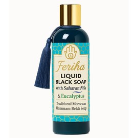 FERIHA Moroccan Liquid Black Soap with Saharan Nila and Eucalyptus – Traditional Hammam Beldi Exfoliating Body Cleanser – Natural Olive Oil-Based Formula for Smooth, Refreshed Skin and Deep Cleansing