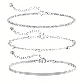 SSKHE Sterling Silver Bracelets for Women Girl Silver Bracelets Layered Dainty Link Chain Adjustable Bracelet Sterling Silver Beaded Bracelet For Girl Ladies