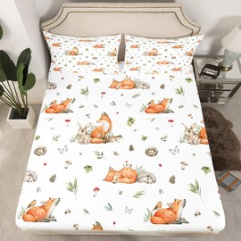 Cartoon Fox Kids Fitted Sheet Twin Size,Mushroom Leaves Plants Bedding Set,Boys Girls Adults Room Decor,Cute Rabbits Hedgehogs Wild Animals Bed Cover,Colorful Bed Sheet,1 Pillowcase