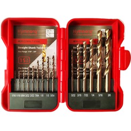 Hymnorq Jobber Twist Drill Bits 15pc Set, Fractionsh Inch Size 1/16 to 3/8 in Premium Index Case, M35 Cobalt Steel, 135 Degree Split Point, for Stainless Steel Iron and Other Metals