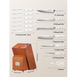 Knife Set, D.Perlla 14 Pieces Kitchen Knife Set with Bulit-in Sharpener, Stainless Steel Knives Block Set with Unique Waved Pattern, Non-slip Handle, White