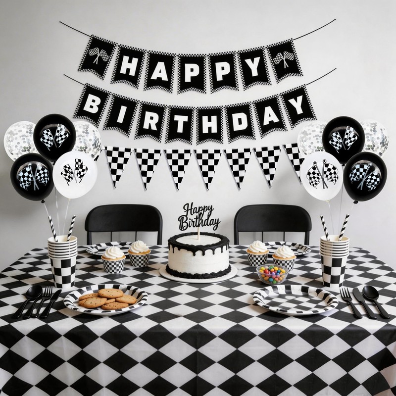 196Pcs Black White Checkered Race Car Party Supplies for 24