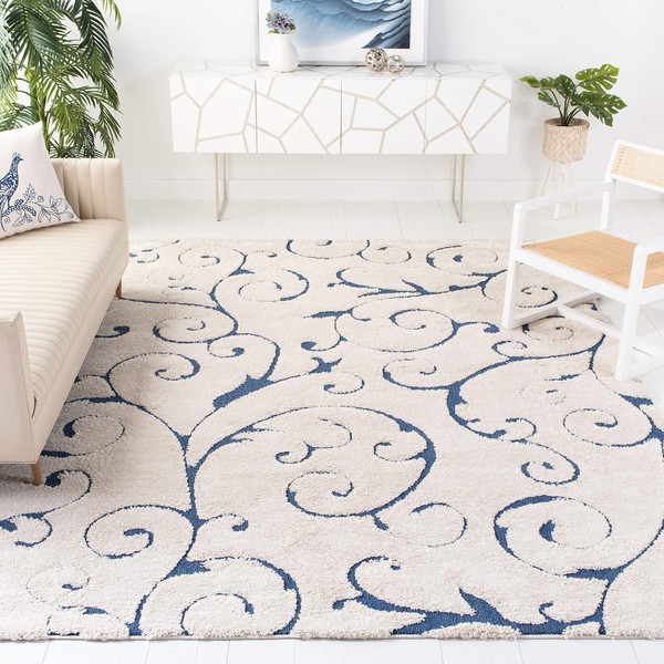 SAFAVIEH Florida Shag Collection SG455 Scrolling Vine Graceful Swirl Textured Non-Shedding Living Room Bedroom Dining Room Entryway Plush 1.2-inch Thick Area Rug, 5' x 5' Square, Cream / Blue