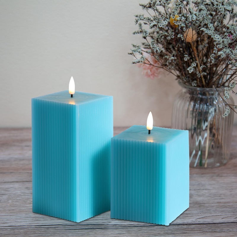 Girimax Turquoise Blue Square Ribbed Flameless Candles with Remote, Flickering
