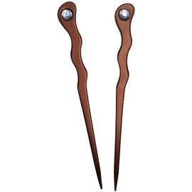 JWL Hawnkoa Products (2) Anodized Aluminum Matte Finished Spiral 6" Hair Sticks with Clear Rhinestones Unbreakable Waterproof Pick Pic Pin Fork (Dark Brown)