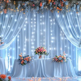 Party Talk 10 x 10ft Baby Blue Polyester Backdrop Curtains with Lights String for Baby Shower, Wedding, Anniversary & More - 2 Pack (5 x 10ft Each) with 9.8ft USB Powered Curtain Lights & 12 Clips
