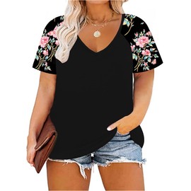 TIYOMI Plus Size Shirts for Women Color Block Deep V Neck Raglan Color Block Top Black Floral Beautiful Floral Print Short Sleeve Tee Black & Pink Flower Arm 5XL 26 28 US Size