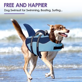 SUNFURA Dog Life Jacket - Shark Dog Life Vest for Swimming Boating, Reflective Lifejacket with High Buoyancy and Rescue Handle, Adjustable Lifesaver for Small Medium Large Breeds, Blue XS
