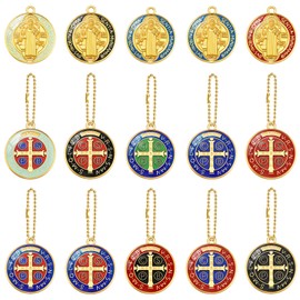 MESARCH 10Pcs Medalla De San Benito Charm Keychain Alloy Enamel Catholic Keychain for Protection From Evil Hang on Keys Rearview Mirror Door (Gold 1.25 inch)