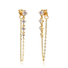 18K White Gold Chain Earrings for Women | Double Piercing Dangle Chain Stud Earrings | D Color VVS Moissanite Stud Ear Cuff Earrings for Women (Yellow Color)