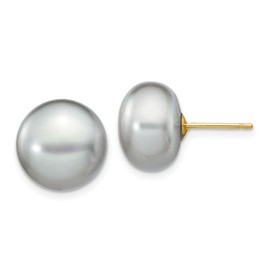 14K Yellow Gold 11-12mm Grey Button FW Cultured Pearl Stud Post Earrings