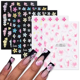 Flower Nail Art Stickers Decals 5 Sheets Pink White Colorful Summer Floral Leaf Blossom 5D Embossed Nail Decals Self-Adhesive Nails Supply Manicure Sliders for Women Girls DIY Nail Art Decorations
