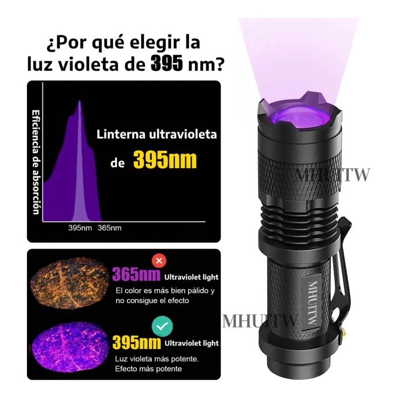 MHUITW 2pzs Linterna Táctica UV LED 395nm con Zoom y