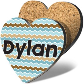 1 x Heart Coaster - Name Dylan Blue Waves Geometry Zigzag Color Letter Lettering Initial Cork Backed MDF Glossy Tea Coffee Accessory #253481