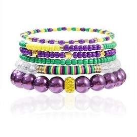 kepvrio Mardi Gras Bracelets for Women Glitter Mask Crown Beaded Bracelet Set Mardi Gras Purple Green Surfer Heishi Bracelets Charm Bracelets Carnival Holiday Accessory Party Jewelry (Style-A)
